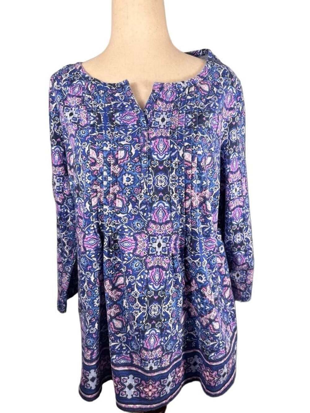 Kim Rogers Blue Pink Floral Long Sleeve Tunic Top XL h1395